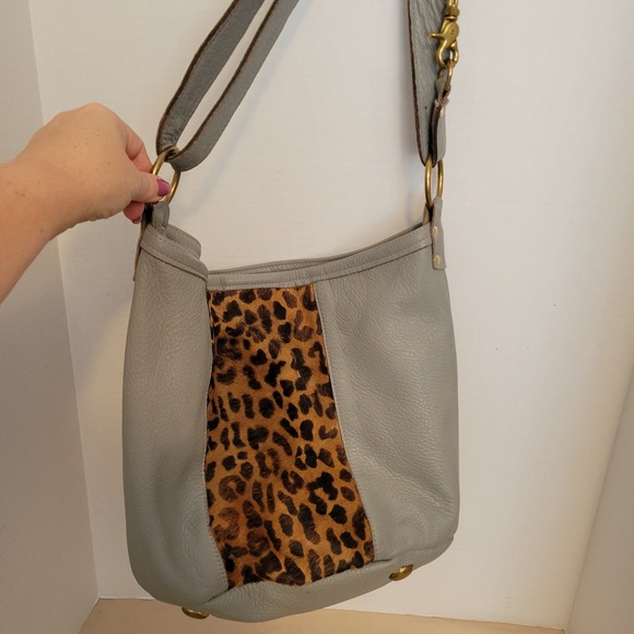 Handbags - Romag Grey Pebbled Leather Leopard Calf Hair Hobo Bag Gold Hardware